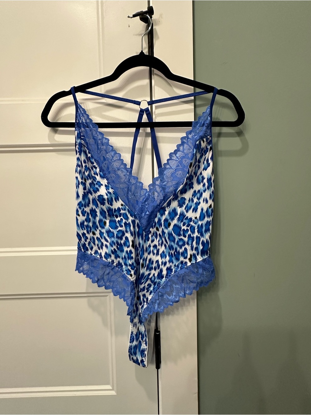 Blue Leopard Lace-Trim Women's Cami Bodysuit